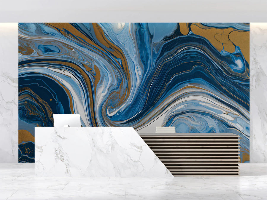 Fluid Blue and Gold Marble Mural Wallpaper — Swirling Abstract Art Mural Wallpaper
