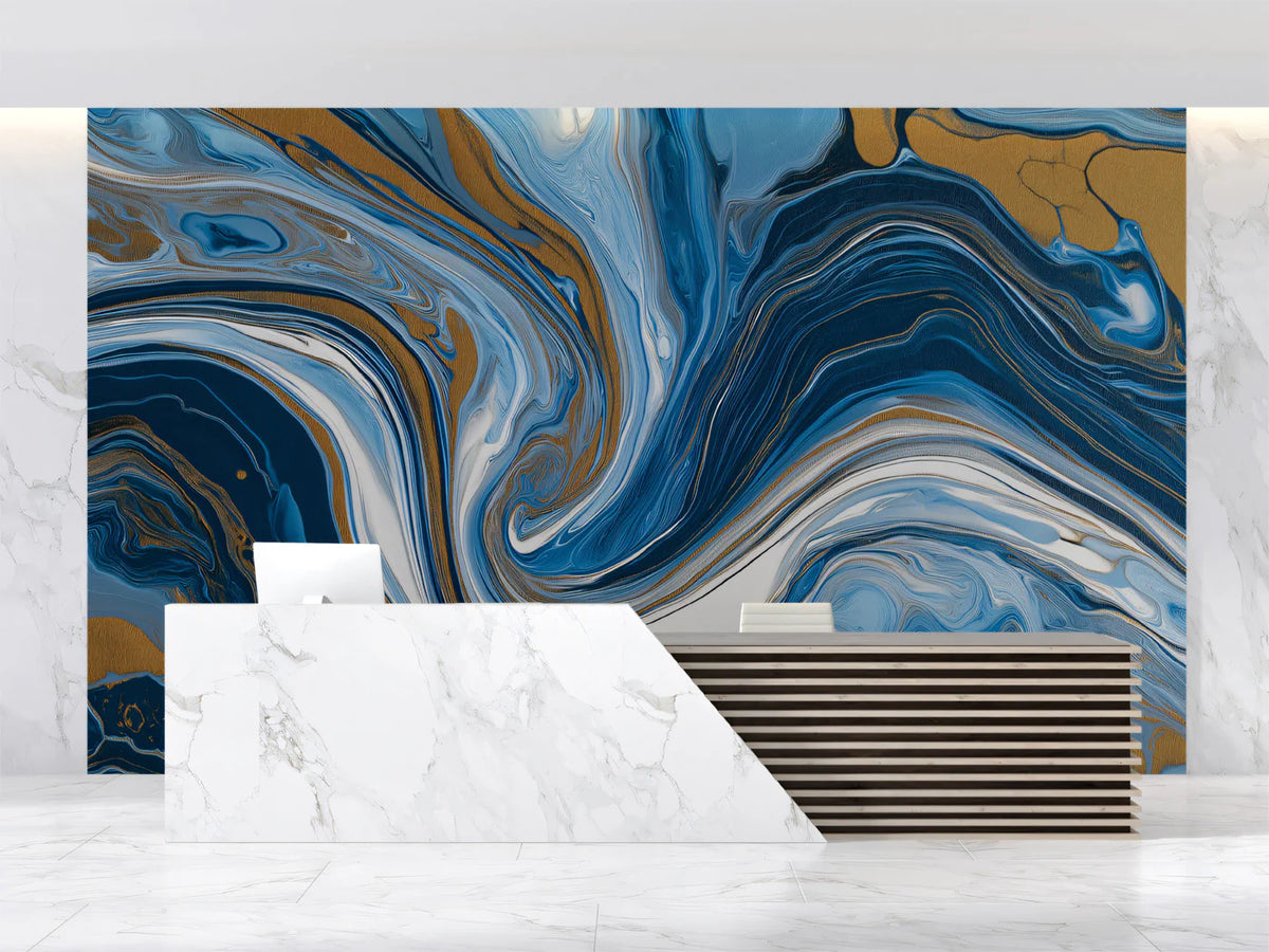 Fluid Blue and Gold Marble Mural Wallpaper — Swirling Abstract Art Mural Wallpaper - pure wallpaper artwork
