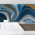 Fluid Blue and Gold Marble Mural Wallpaper — Swirling Abstract Art Mural Wallpaper - pure wallpaper artwork