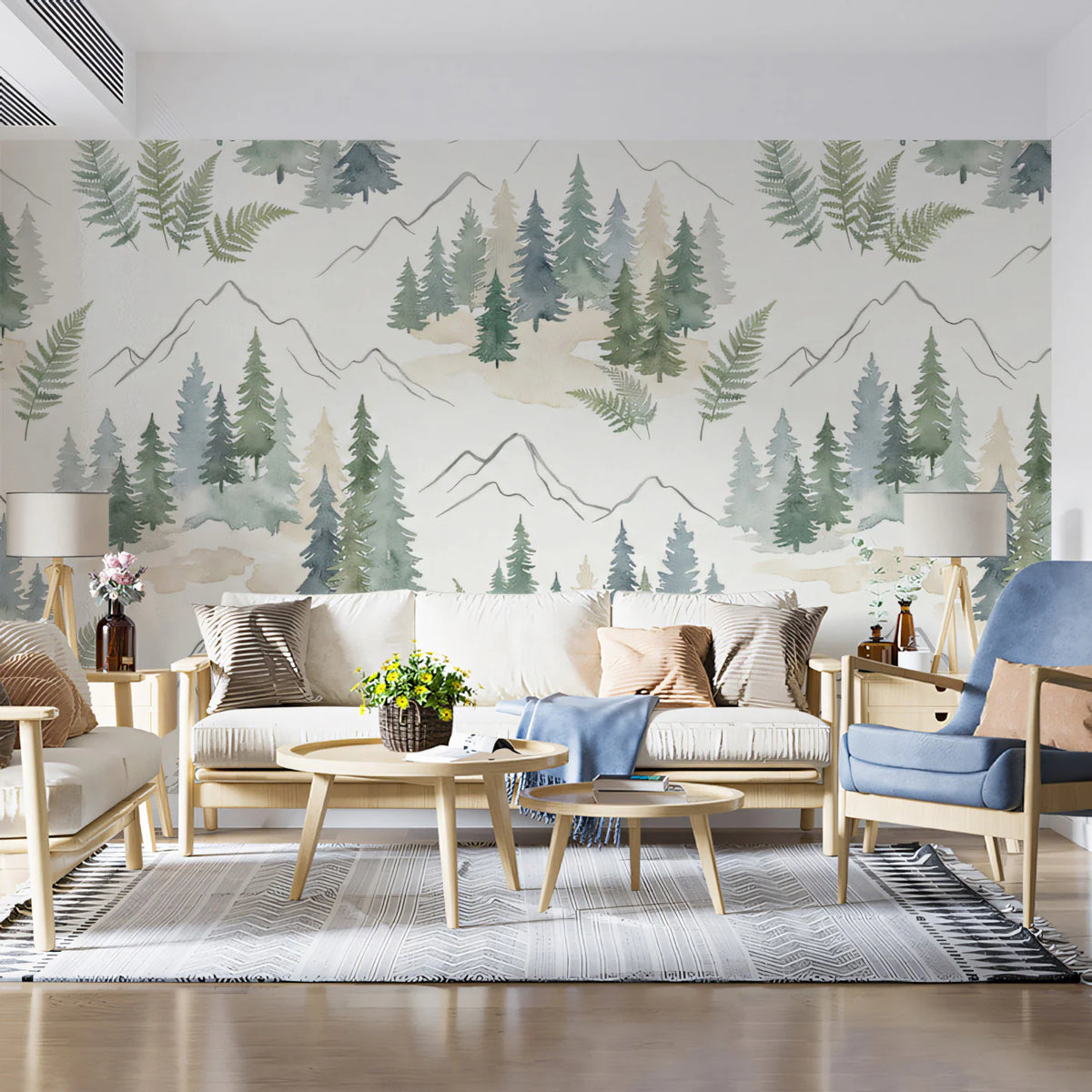 Watercolor Nordic Forest Mural Wallpaper — Scandinavian Tree Design Mural Wallpaper - pure wallpaper artwork