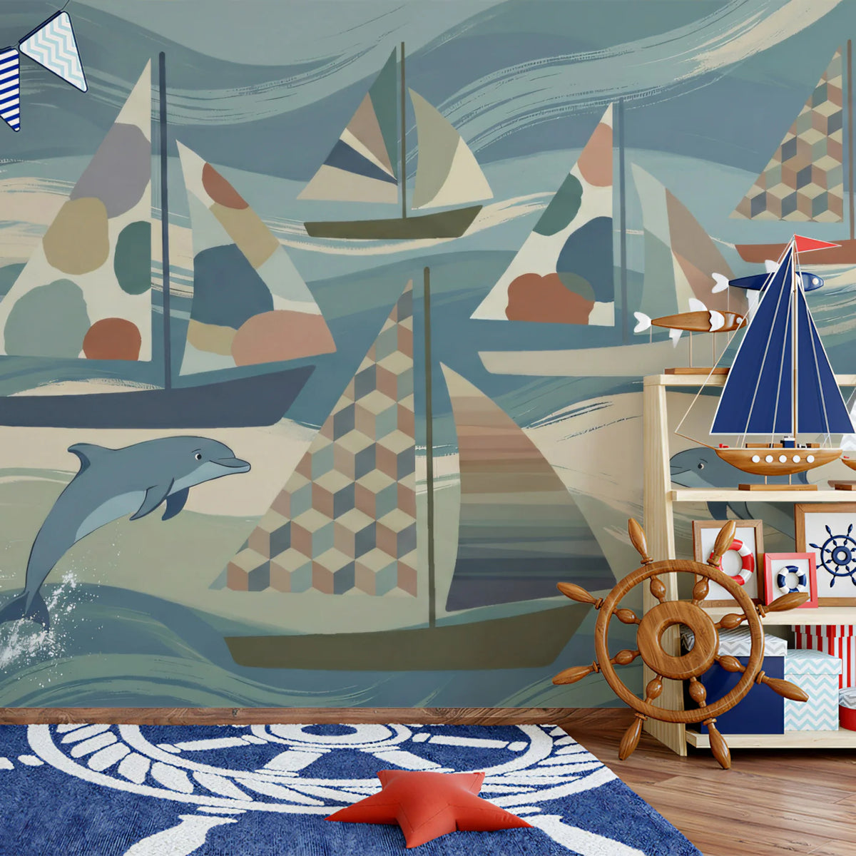 Dolphin and Sailboat Mural Wallpaper — Whimsical Coastal Art Mural Wallpaper - pure wallpaper artwork