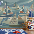 Dolphin and Sailboat Mural Wallpaper — Whimsical Coastal Art Mural Wallpaper - pure wallpaper artwork