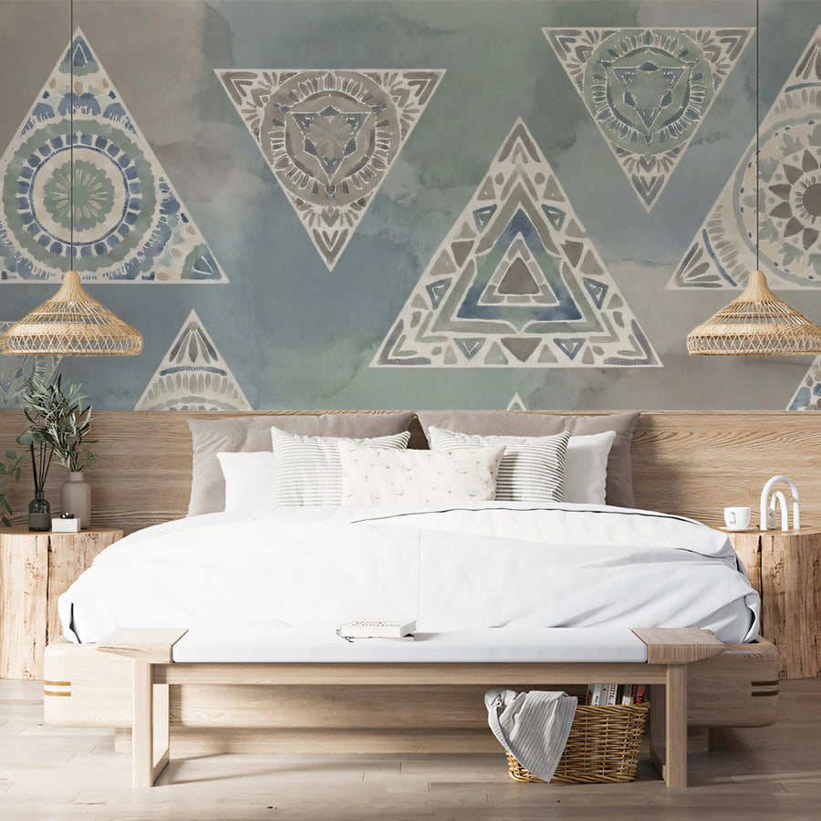 Bohemian Mandala Triangle Mural Wallpaper — Earthy Indigo Pattern Mural Wallpaper