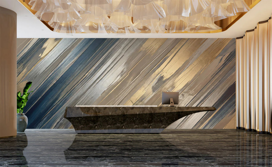 Diagonal Brushstroke Mural Wallpaper in Navy and Metallic Gold Mural Wallpaper