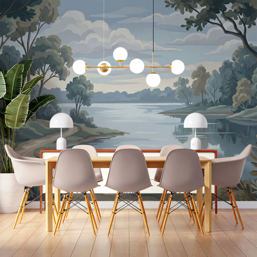 Misty Lakeside Path Mural Wallpaper — Impressionist Nature Scene Mural Wallpaper