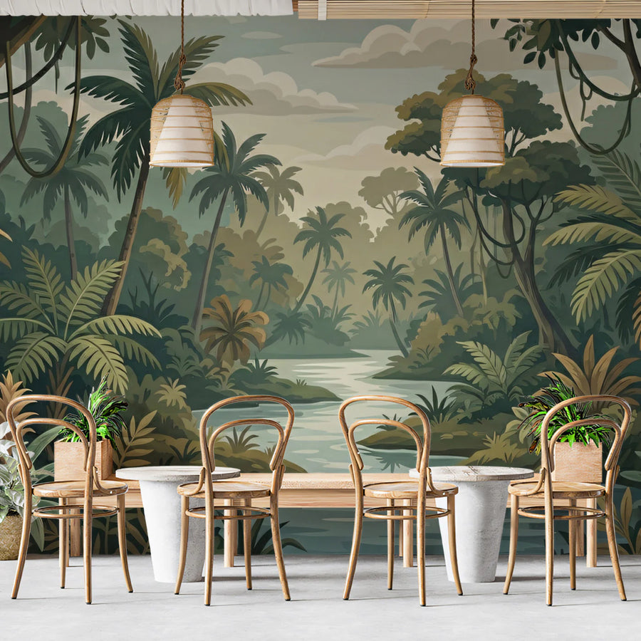 Vintage Tropical River Mural Wallpaper — Muted Botanical Landscape Mural Wallpaper