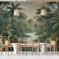 Vintage Tropical River Mural Wallpaper — Muted Botanical Landscape Mural Wallpaper - pure wallpaper artwork