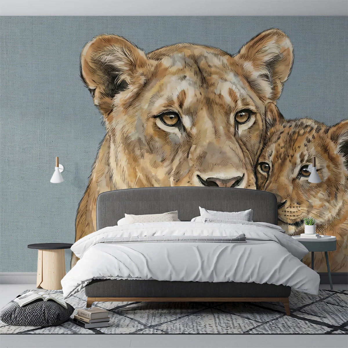 Lioness and Cub Mural Wallpaper — Gentle Wildlife Illustration Mural Wallpaper - pure wallpaper artwork