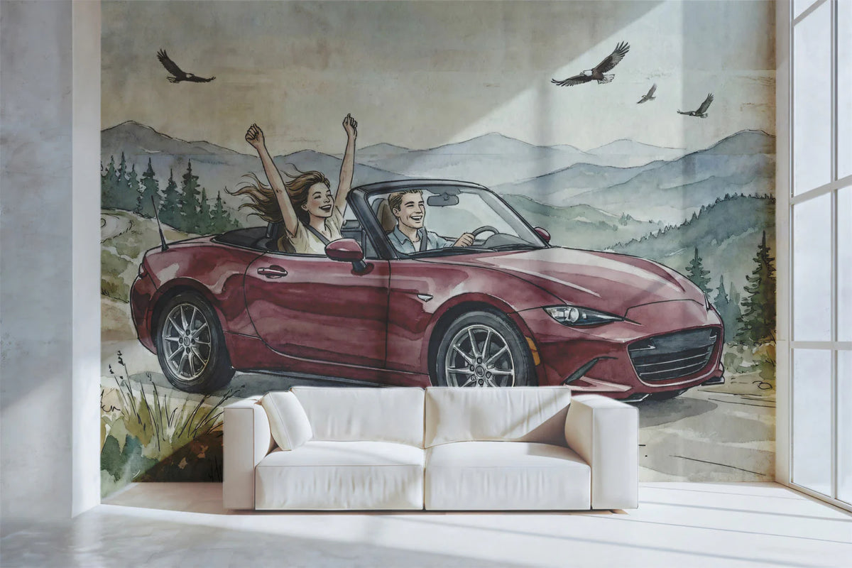 Road Trip Adventure Watercolor Mural Wallpaper — Scenic Mountain Drive Mural Wallpaper - pure wallpaper artwork