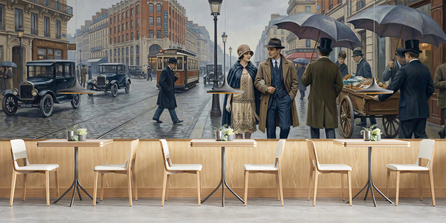 Vintage Parisian Street Scene Mural Wallpaper for Elegant Interiors Mural Wallpaper