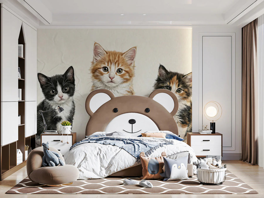 Three Little Kittens Mural Wallpaper — Whimsical Hand-Drawn Art Mural Wallpaper