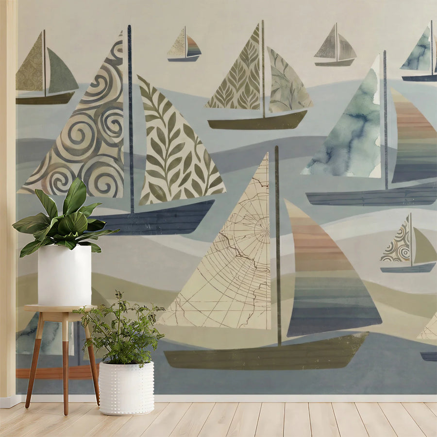 Sailboat Fleet Mural Wallpaper — Watercolor Nautical Sea Pattern Mural Wallpaper