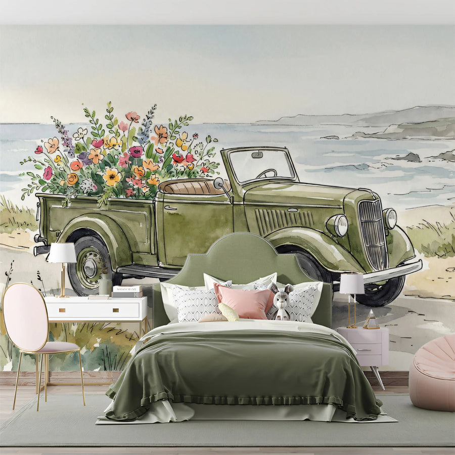 Vintage Truck and Wildflowers Mural Wallpaper — Coastal Watercolor Mural Wallpaper