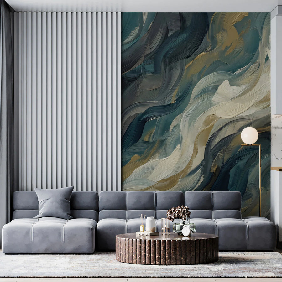 Teal and Charcoal Abstract Motion Mural Wallpaper — Painterly Style Mural Wallpaper
