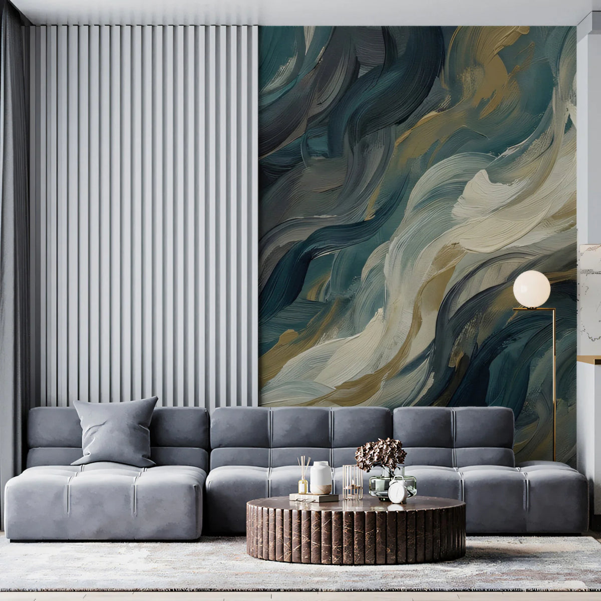 Teal and Charcoal Abstract Motion Mural Wallpaper — Painterly Style Mural Wallpaper - pure wallpaper artwork
