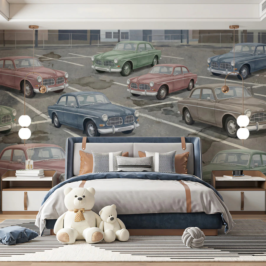 Vintage Classic Car Parking Mural Wallpaper — Retro Illustration Mural Wallpaper