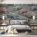 Vintage Classic Car Parking Mural Wallpaper — Retro Illustration Mural Wallpaper - pure wallpaper artwork