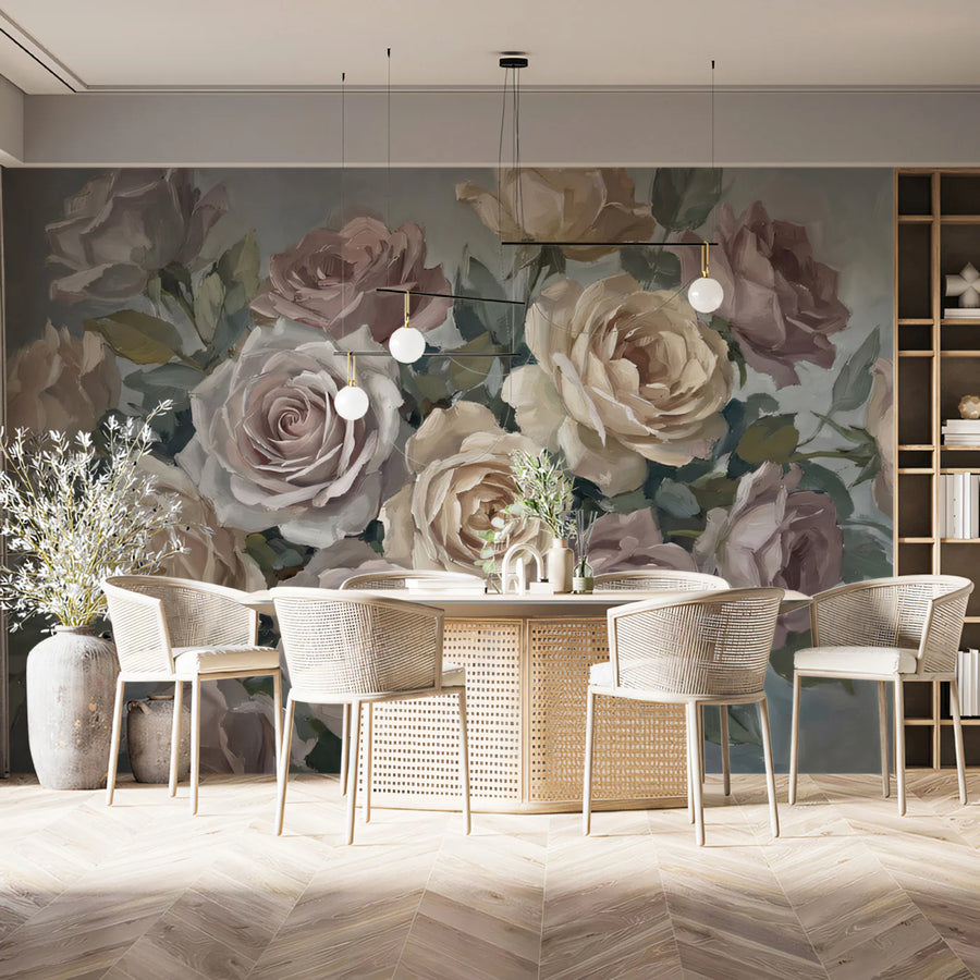 Vintage Rose Bouquet Mural Wallpaper — Painterly Floral Wall Art Mural Wallpaper