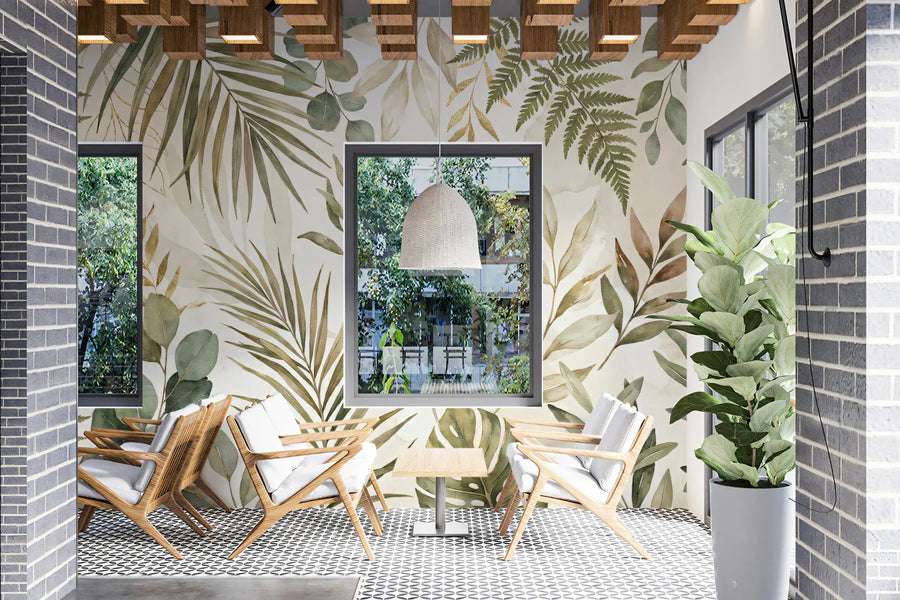 Botanical Watercolor Leaf Mural Wallpaper with Gold Accents Mural Wallpaper