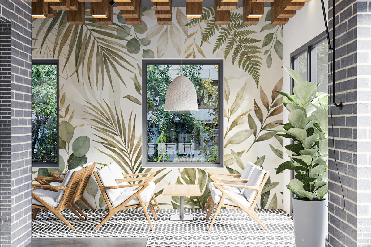 Botanical Watercolor Leaf Mural Wallpaper with Gold Accents Mural Wallpaper - pure wallpaper artwork