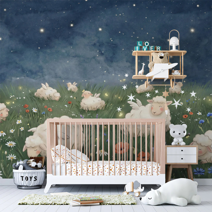 Winged Sheep Meadow Mural Wallpaper — Whimsical Night Sky Pattern Mural Wallpaper