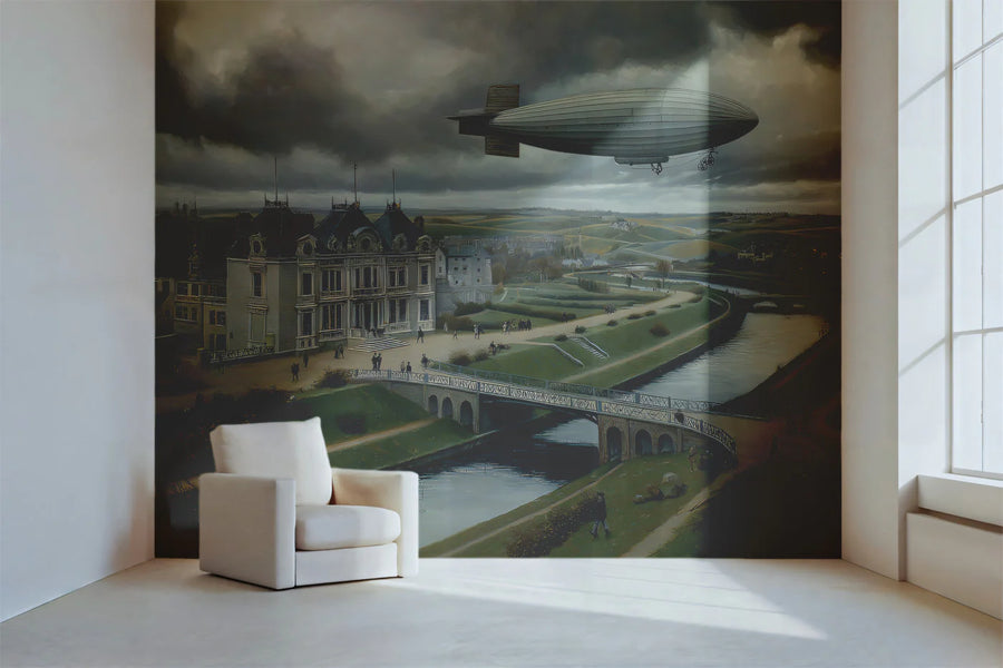 Steampunk Zeppelin European Chateau Mural Wallpaper