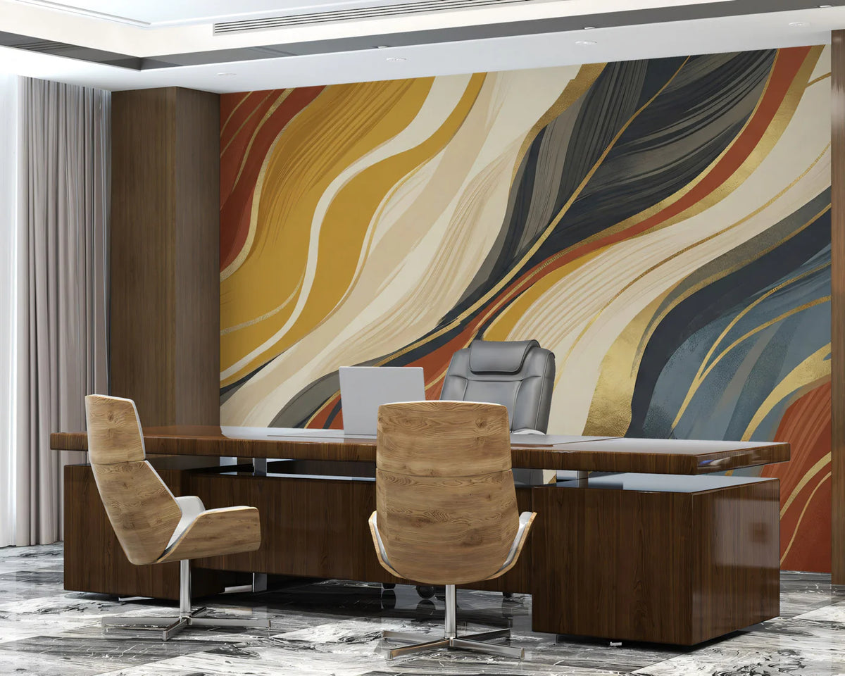 Fluid Abstract Mural Wallpaper — Wabi-Sabi Gold Wave Mural Wallpaper - pure wallpaper artwork