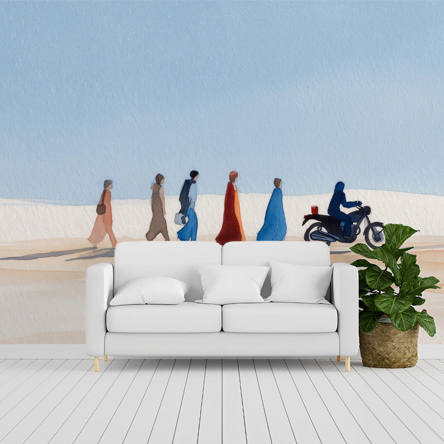 Desert Travelers Watercolor Mural Wallpaper — Minimalist Zen Decor Mural Wallpaper