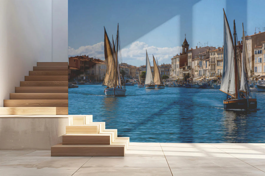 Mediterranean Harbor Sailboat Wallpaper Sunny Coastal Town Mural French Riviera Nautical Decor Mural Wallpaper