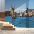 Mediterranean Harbor Sailing Mural Wallpaper — French Riviera Decor Mural Wallpaper - pure wallpaper artwork