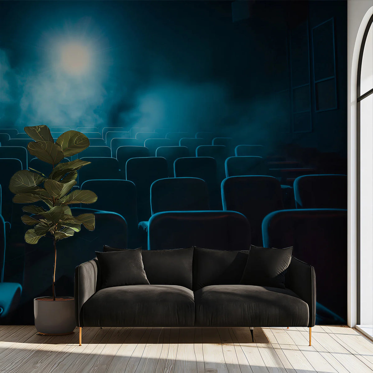 Cinematic Spotlight Theater Wallpaper Dark Moody Cinema Room Mural Empty Movie Seats Wall Art Mural Wallpaper - pure wallpaper artwork