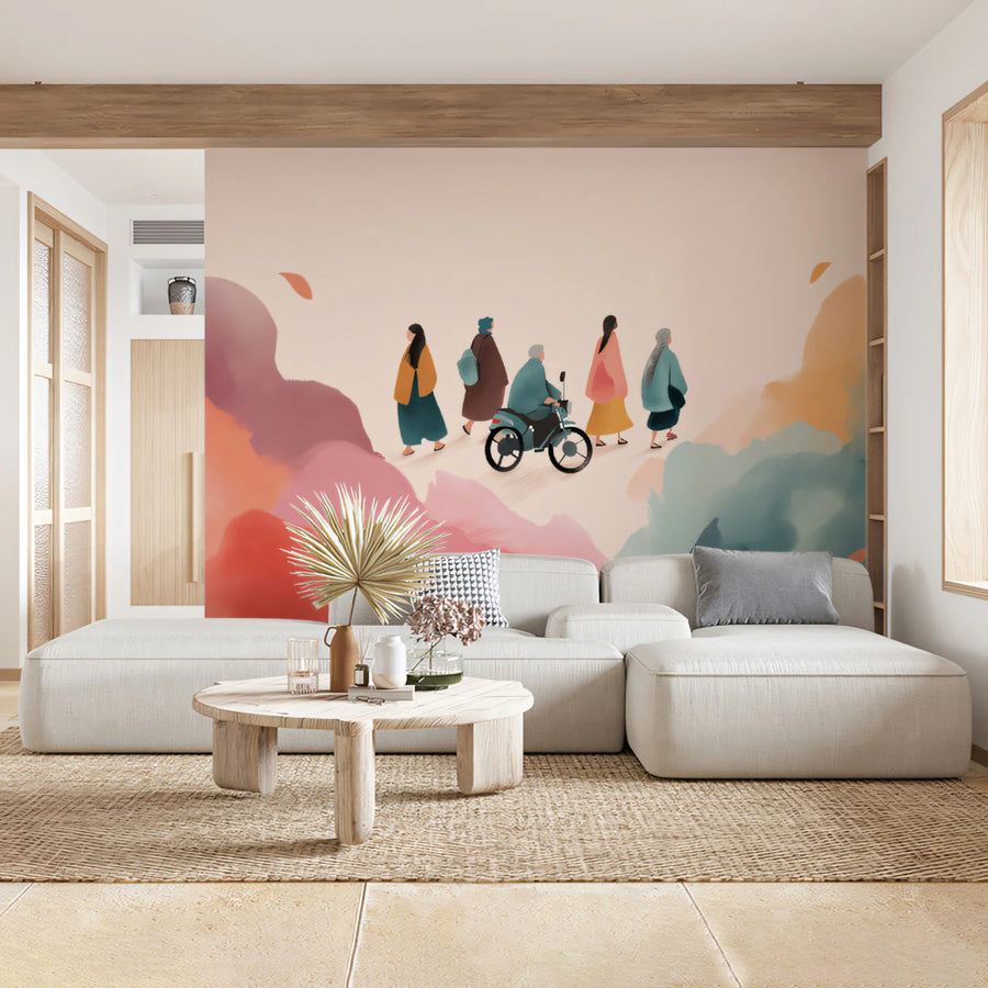 Watercolor Commuter Mural Wallpaper — Soft Autumnal Illustration Mural Wallpaper