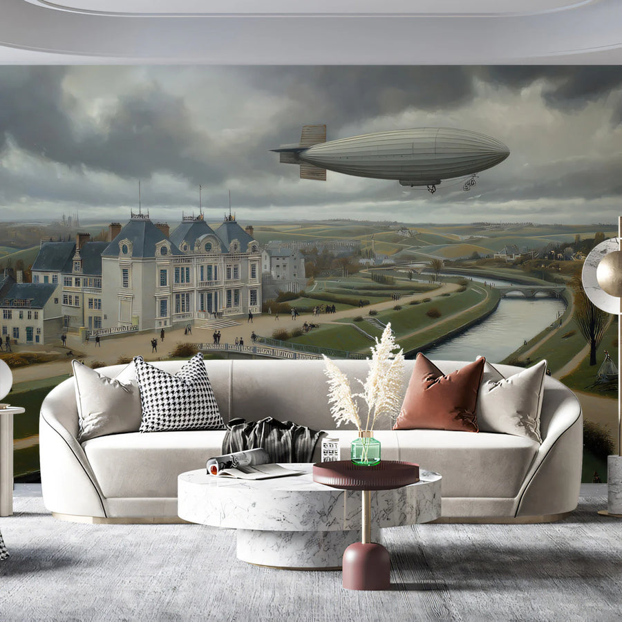 Steampunk Airship Landscape Wallpaper Classical European Chateau Mural Vintage Oil Painting Wall Art Mural Wallpaper