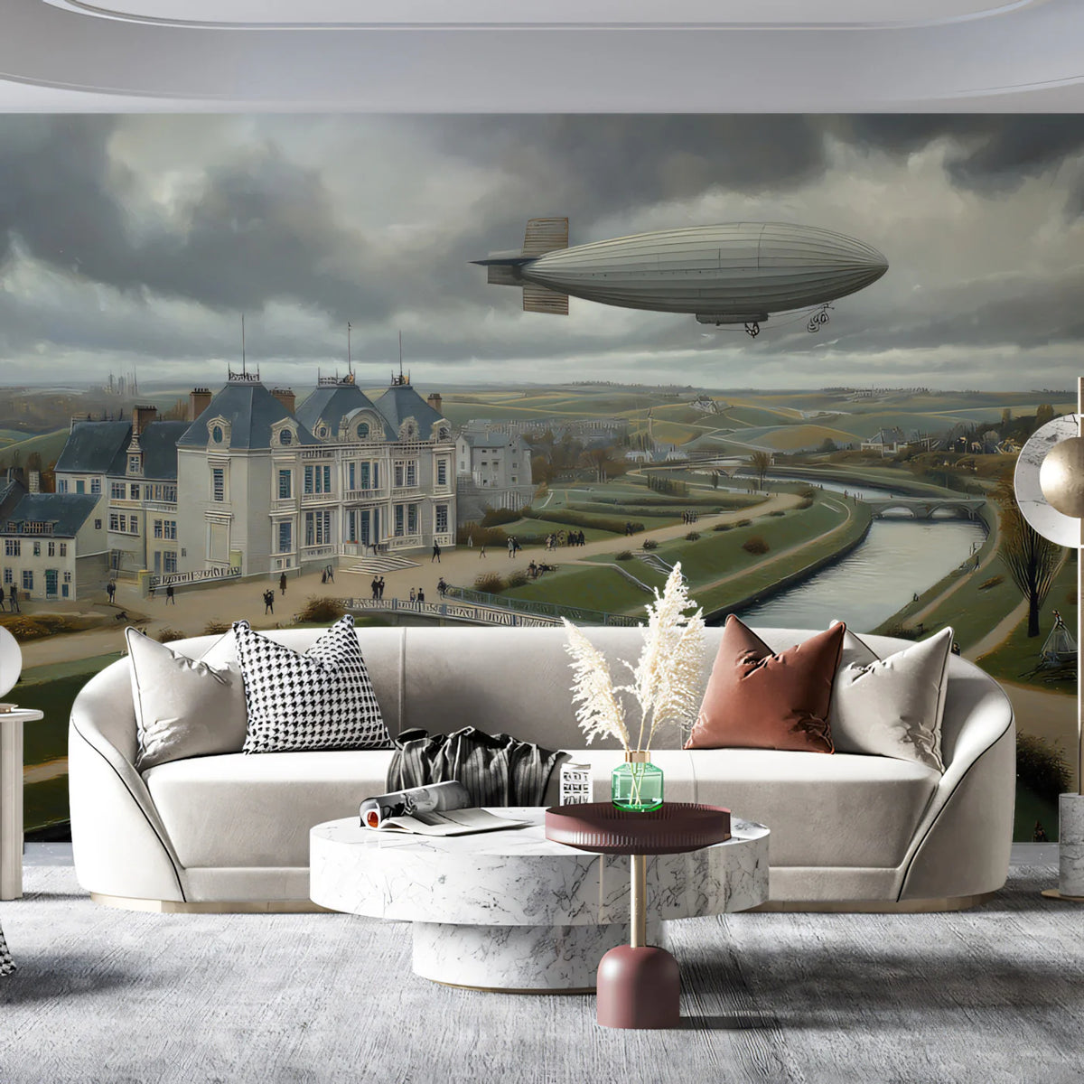 Steampunk Airship Landscape Wallpaper Classical European Chateau Mural Vintage Oil Painting Wall Art Mural Wallpaper - pure wallpaper artwork