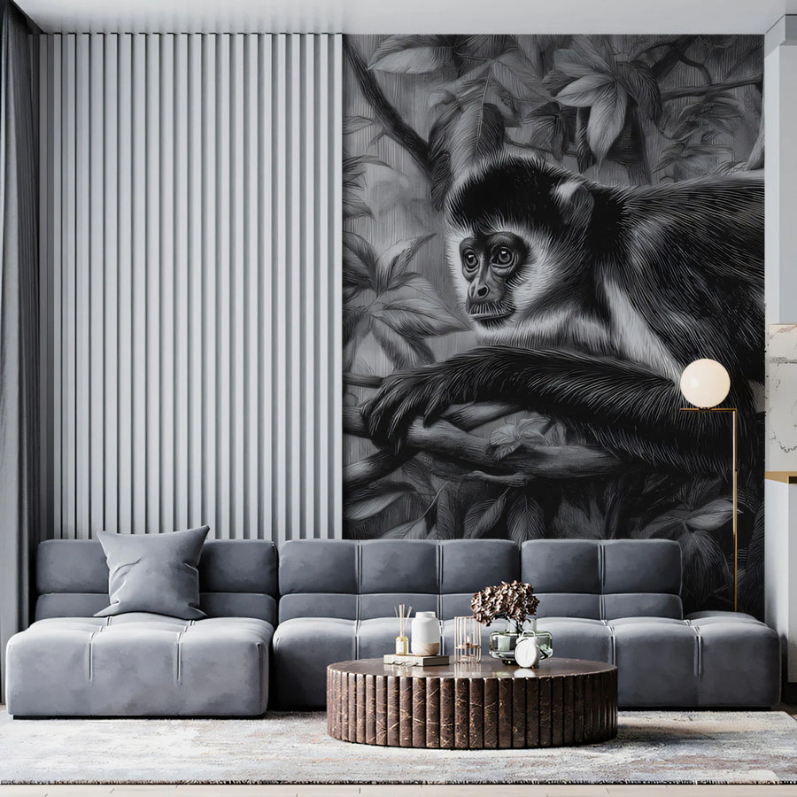 Colobus Monkey Jungle Mural Wallpaper — Monochrome Etching Design Mural Wallpaper