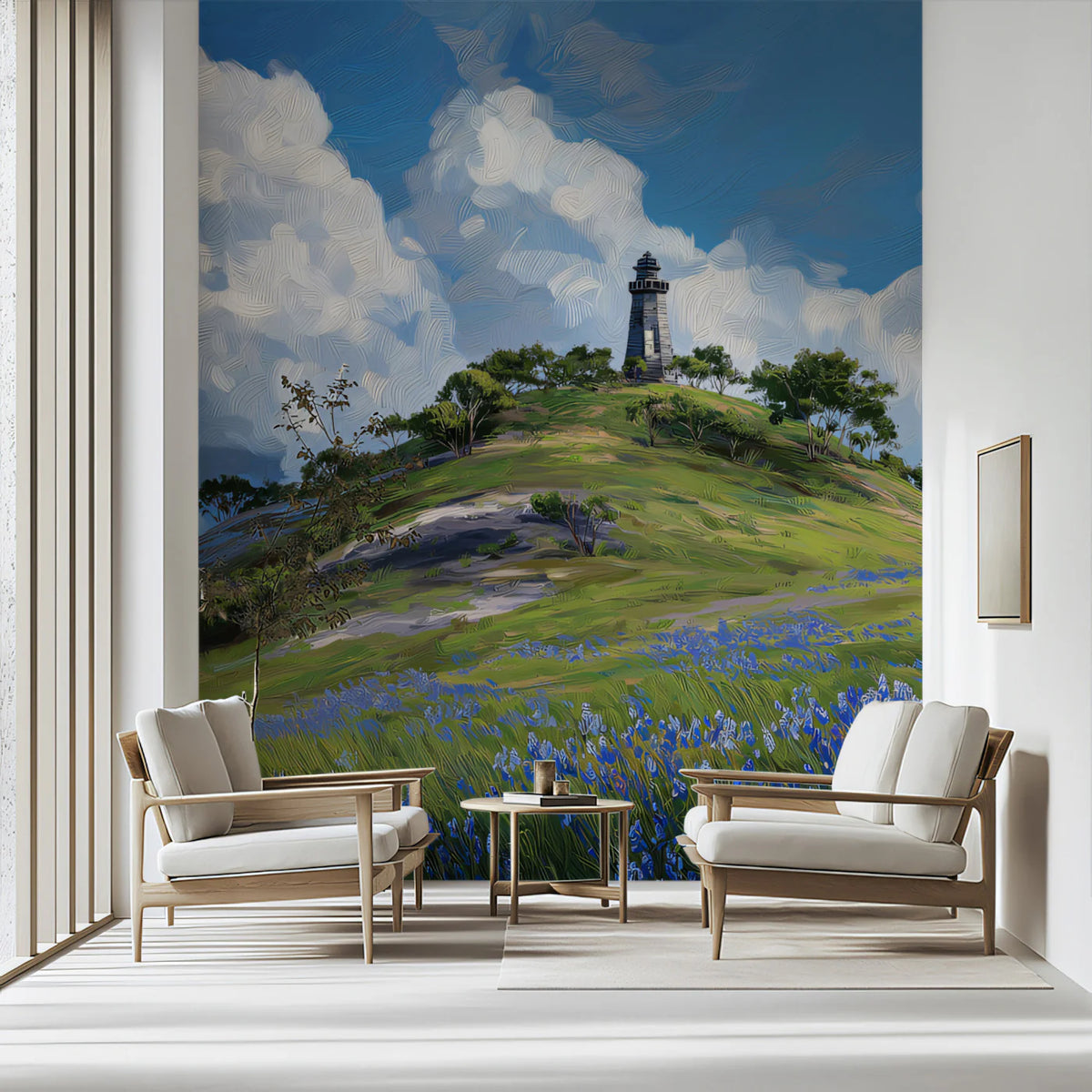 Lush Green Hill Lighthouse Wallpaper Impasto Oil Painting Nature Mural Bluebonnet Field Wall Art Mural Wallpaper - pure wallpaper artwork