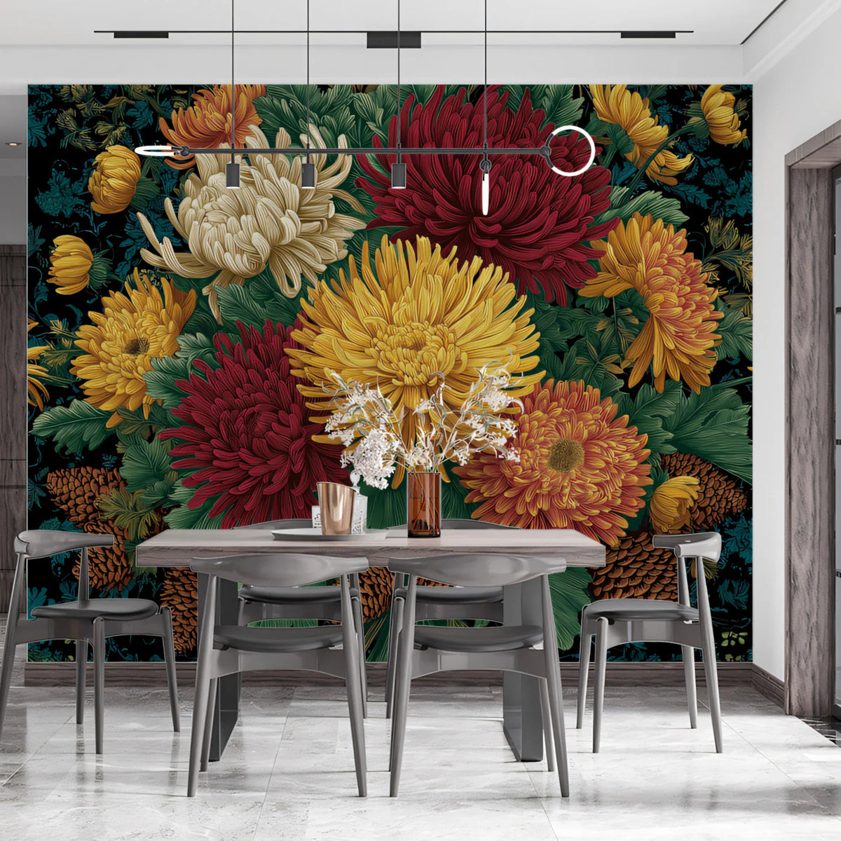 Victorian Chrysanthemum Mural Wallpaper — Moody Floral Heritage Mural Wallpaper - pure wallpaper artwork
