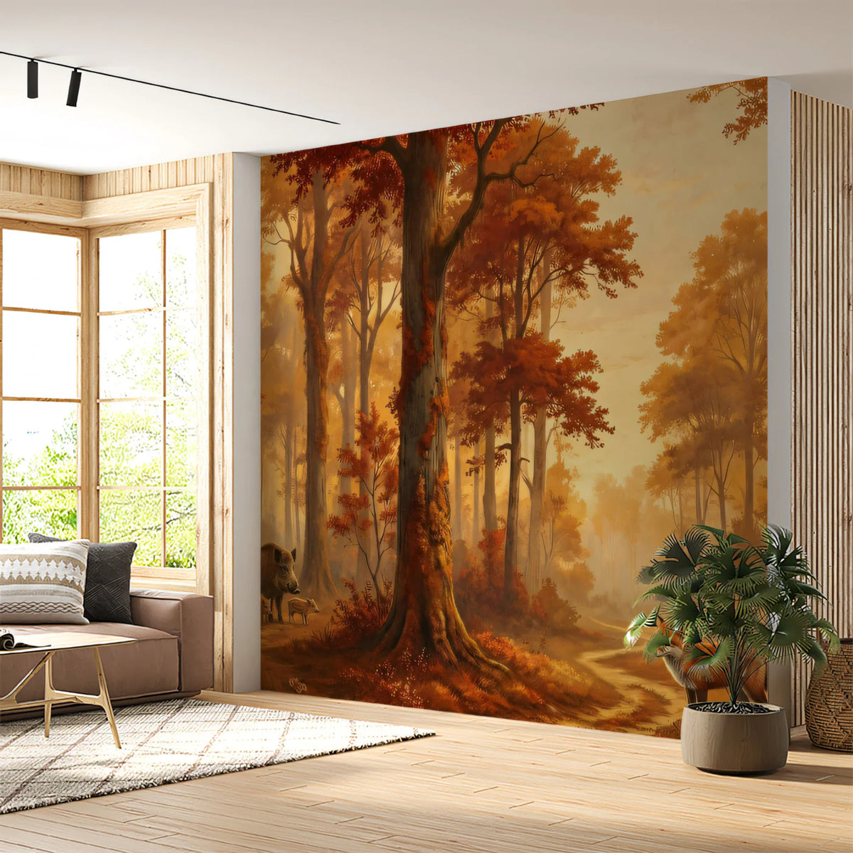 Autumn Forest Wildlife Mural Wallpaper — Warm Woodland Scene Mural Wallpaper - pure wallpaper artwork
