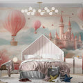 Pink Castle and Hot Air Balloon Mural Wallpaper — Whimsical Fantasy Mural Wallpaper - pure wallpaper artwork