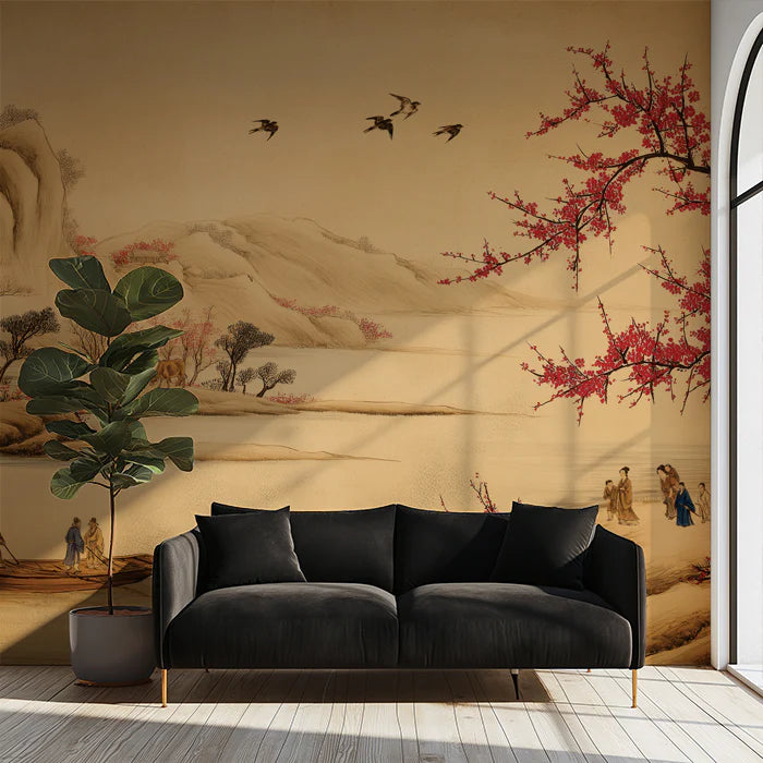 Traditional Chinese Landscape Mural Wallpaper with Red Plum Blossoms Mural Wallpaper