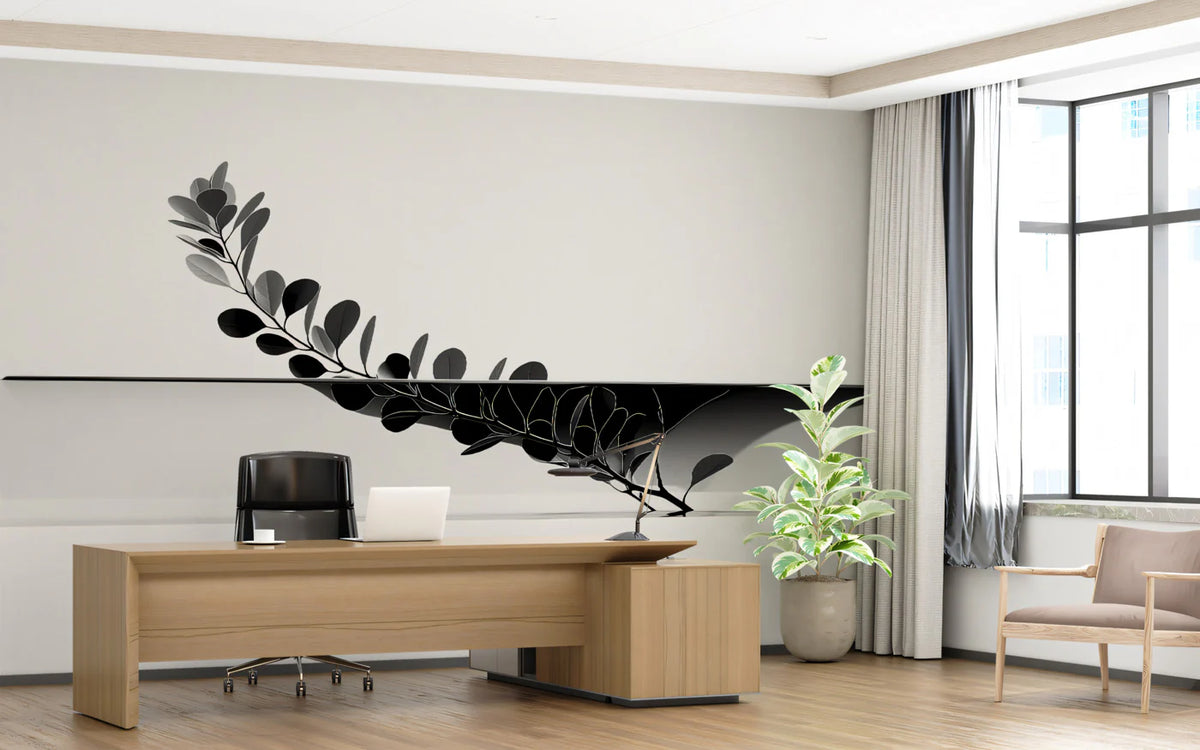 Minimalist Botanical Branch Mural — Black and White Art Mural Wallpaper - pure wallpaper artwork