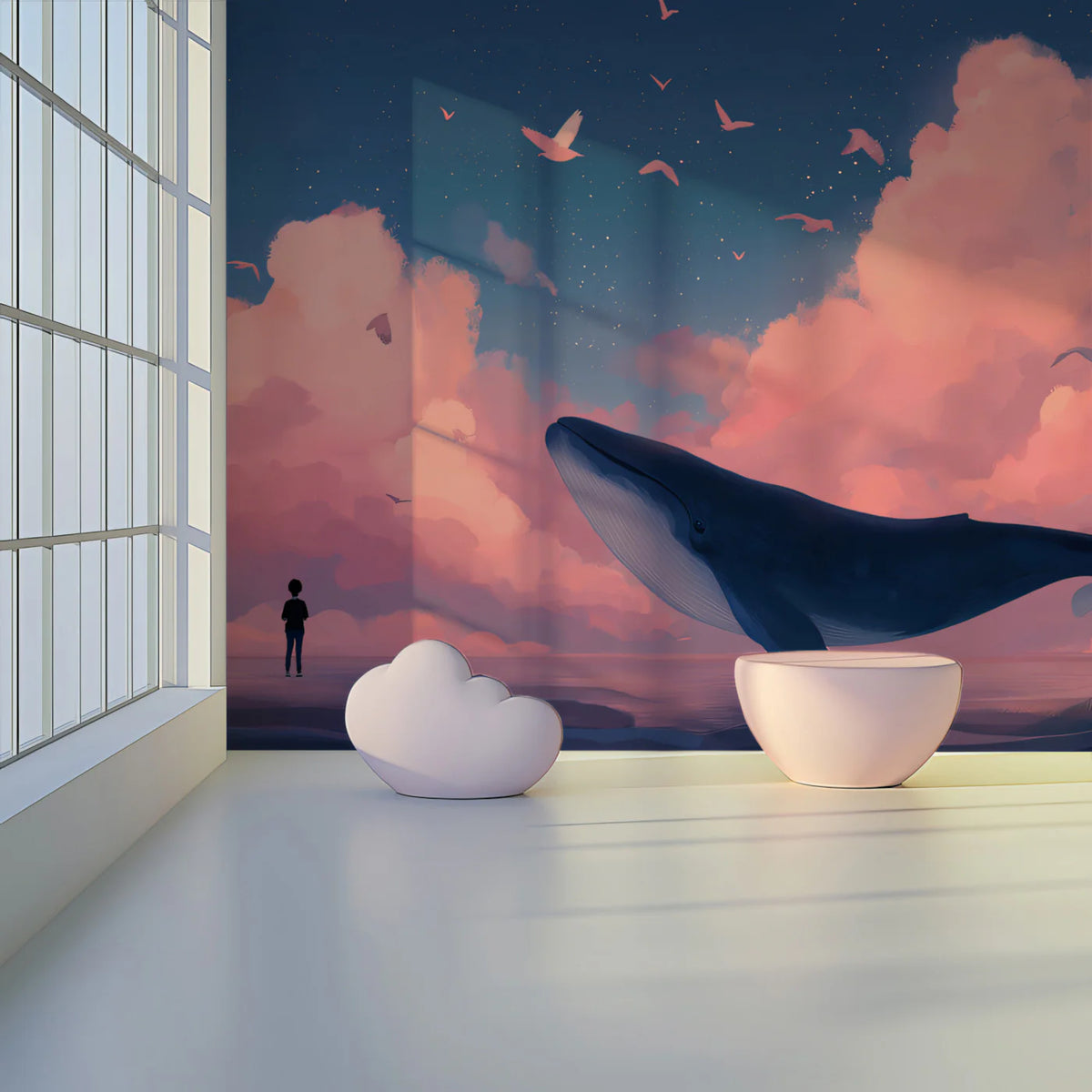 Flying Whale and Pink Clouds Mural Wallpaper — Whimsical Fantasy Mural Wallpaper - pure wallpaper artwork