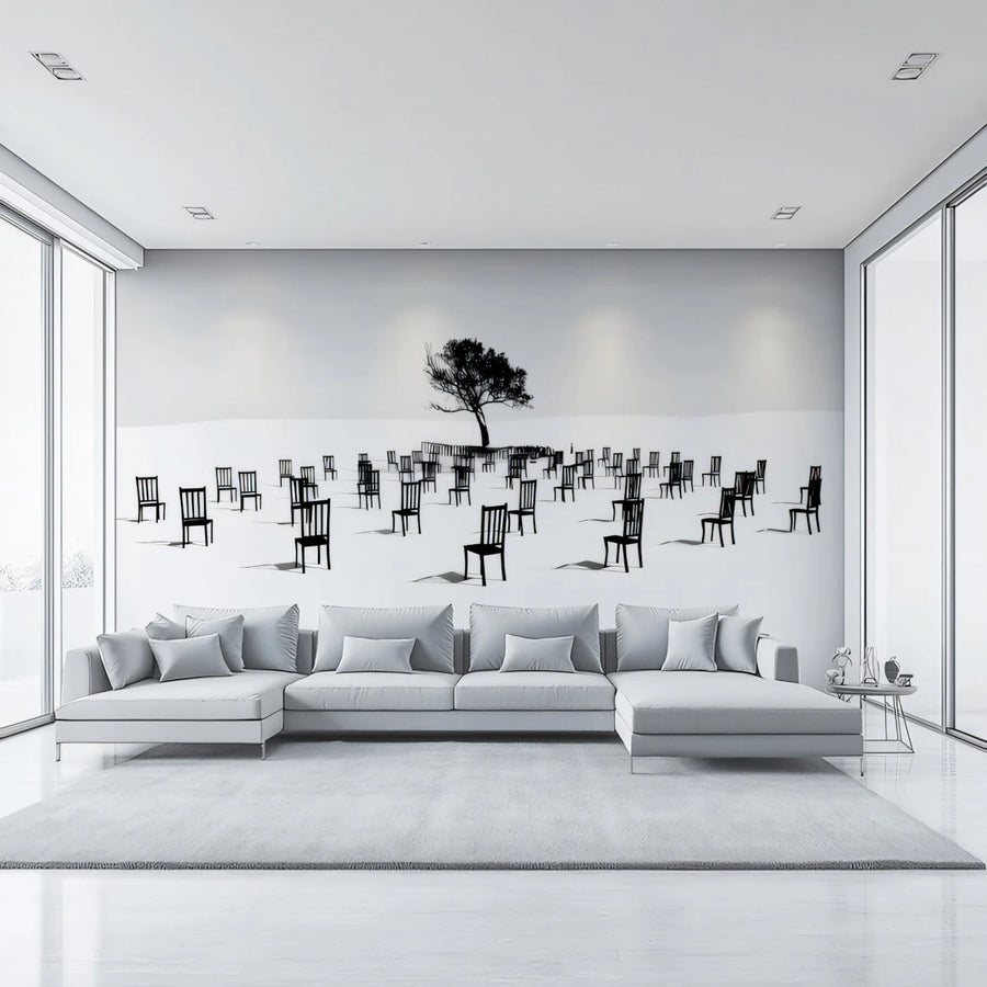 Surreal Chairs and Solitary Tree Mural Wallpaper — Modern Minimalist Mural Wallpaper