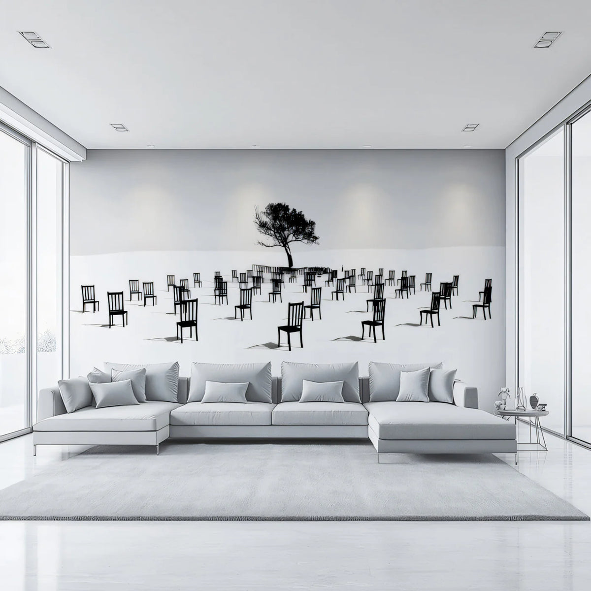 Surreal Chairs and Solitary Tree Mural Wallpaper — Modern Minimalist Mural Wallpaper - pure wallpaper artwork