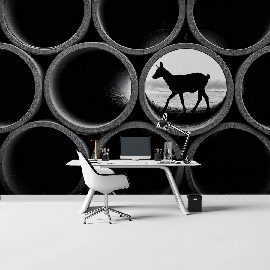 Industrial Deer Silhouette Mural Wallpaper — Modern Monochrome Art Mural Wallpaper