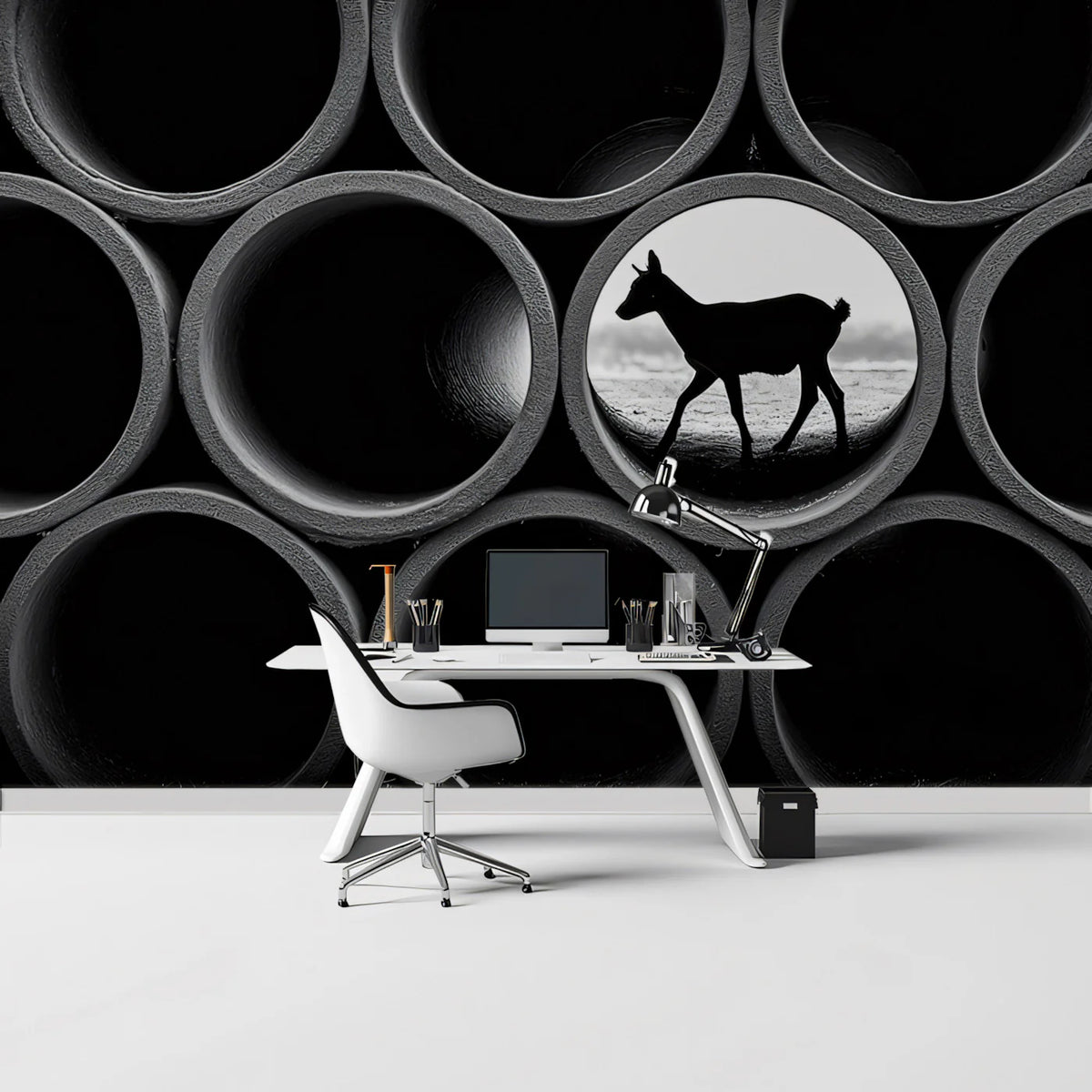 Industrial Deer Silhouette Mural Wallpaper — Modern Monochrome Art Mural Wallpaper - pure wallpaper artwork