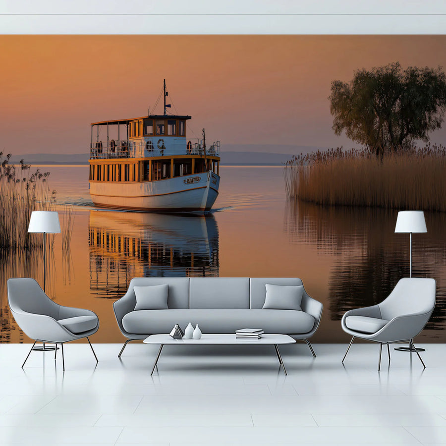 Sunset Lake Boat Mural Wallpaper —Nostalgic Golden Hour Landscape Mural Wallpaper