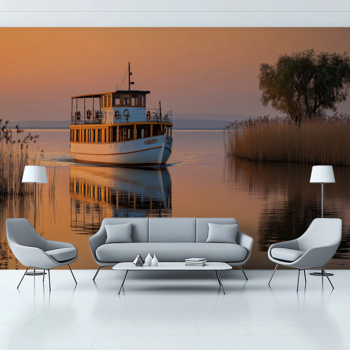 Sunset Lake Boat Mural Wallpaper —Nostalgic Golden Hour Landscape Mural Wallpaper - pure wallpaper artwork