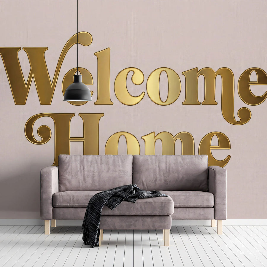 Welcome Home Gold Typography Mural Wallpaper — Minimalist Decor Mural Wallpaper