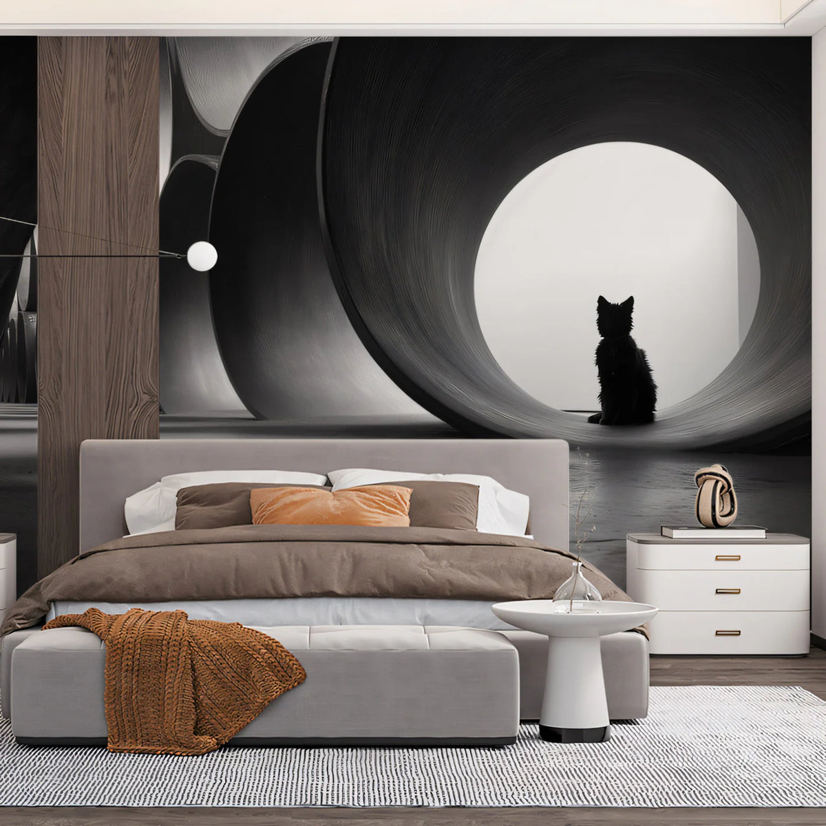 Cat Silhouette and Industrial Pipes Mural — Minimalist Monochrome Mural Wallpaper - pure wallpaper artwork